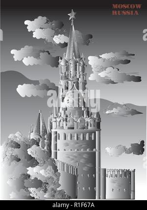 Paesaggio di Cremlino Spasskaya tower (Piazza Rossa di Mosca, Russia) vettore isolato del disegno a mano illustrazione in bianco e nero i colori del gradiente Illustrazione Vettoriale