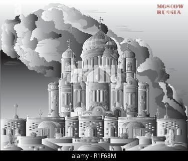 Paesaggio della Cattedrale di Cristo Salvatore (Mosca, Russia) vettore isolato del disegno a mano illustrazione in bianco e nero i colori del gradiente Illustrazione Vettoriale