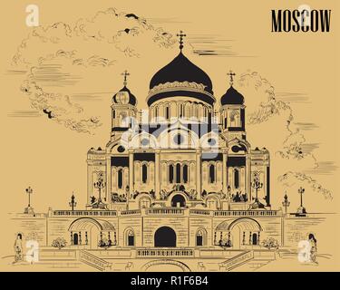 Paesaggio della Cattedrale di Cristo Salvatore (Mosca, Russia) vettore isolato del disegno a mano illustrazione in colore nero su sfondo beige Illustrazione Vettoriale