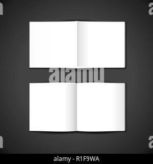 Vettore vuoto bianco mock up carta interno ed esterno del coperchio quadrato del libretto aperto, brochure dispiegata, la rivista illustrazione realistici con ombra Illustrazione Vettoriale