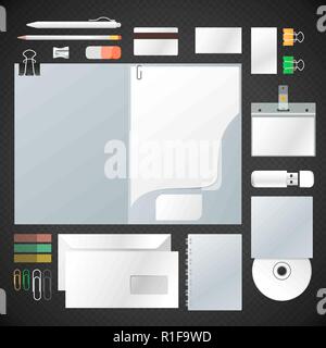 Bianco di vettore mock up corporate identity set con cartella, carta intestata, busta, business card, badge in plastica, compact disc, notebook, penna, matita, shar Illustrazione Vettoriale