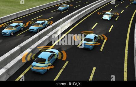 Auto autonoma su una strada con collegamento visibile, rendering 3D Foto Stock