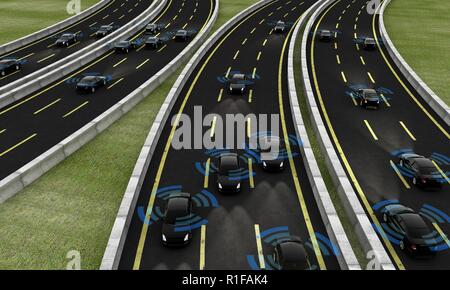 Auto autonoma su una strada con collegamento visibile, rendering 3D Foto Stock