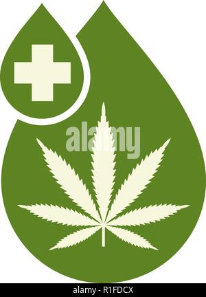 La Cannabis Medica olio design icona con foglia di marijuana e olio di canapa drop. Olio del CBD di estratto di cannabis. Icona di etichetta del prodotto e la grafica del logo del modello. Isolat Illustrazione Vettoriale