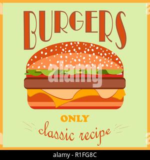 In stile retrò poster. Hamburger di pubblicità. Solo una ricetta classica. Illustrazione Vettoriale. Illustrazione Vettoriale