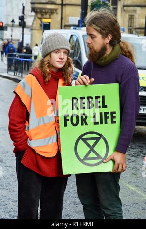 Londra, Regno Unito. 12 Novembre, 2018. Coppia di manifestanti,il cambiamento climatico protesta organizzata dalla ribellione di estinzione,una Giornata di disobbedienza civile è prevista per questo sabato,Victoria Street,London.UK Credit: Michael melia/Alamy Live News Foto Stock