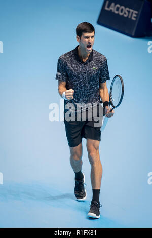 Londra, Regno Unito. 12 Novembre, 2018. Novak Djokovic (Serbia) celebra un punto durante il Nitto ATP World Finals Londra presso l'O2, Londra, Inghilterra il 12 novembre 2018. Foto di Andy Rowland. Credito: Andrew Rowland/Alamy Live News Foto Stock