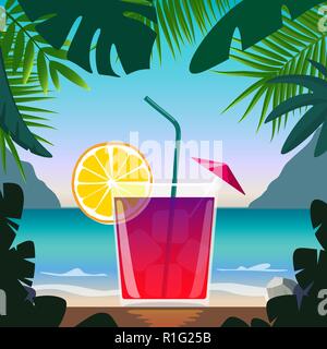 Un cocktail esotico nel bar sulla spiaggia sulla riva del mare. Cocktail con paglia, cuneo di limone e ombrello, circondato da foglie tropicali. La vacanza estiva concetto. Spiaggia Illustrazione Vettoriale