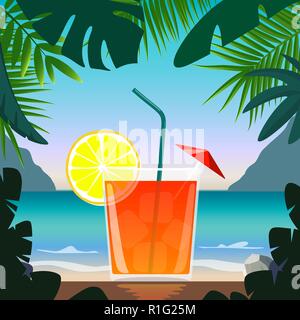 Un cocktail esotico nel bar sulla spiaggia sulla riva del mare. Cocktail con paglia, cuneo di limone e ombrello, circondato da foglie tropicali. La vacanza estiva concetto. Spiaggia Illustrazione Vettoriale