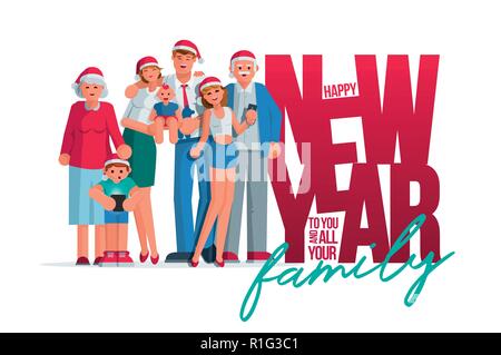 Tutta la famiglia insieme nel nuovo anno. Nonna, nonno, la madre e il padre il figlio e la figlia insieme. Progettazione di poster. Gli elementi sono layered sep Illustrazione Vettoriale