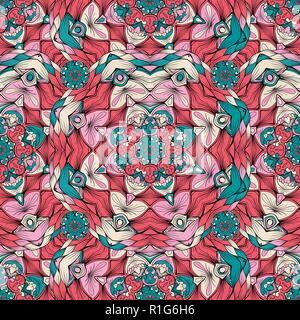 Disegnate a mano in stile scarabocchi Caleidoscopio rosa per il giorno di San Valentino Love Design. Abstract vettore colorati Seamless Pattern. Multicolore sfondo Antistress Illustrazione Vettoriale