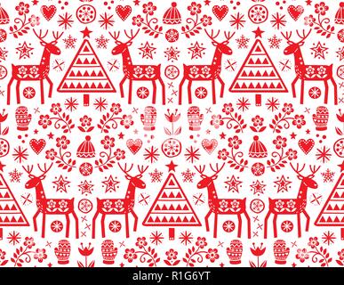 Natale folk art vector seamless pattern con le renne, fiori, albero di Natale e abbigliamento invernale design in rosso su sfondo bianco - Buon Natale Illustrazione Vettoriale