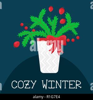 Inverno biglietto di auguri in appartamento in stile cartone animato. I rami degli alberi con bacche rosse in un secchio con un coperchio a maglia e una prua. Accogliente d'inverno. Illustrazione Vettoriale