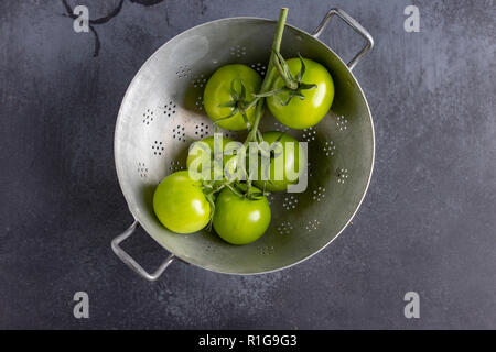 Pomodori verdi sulla vite Foto Stock