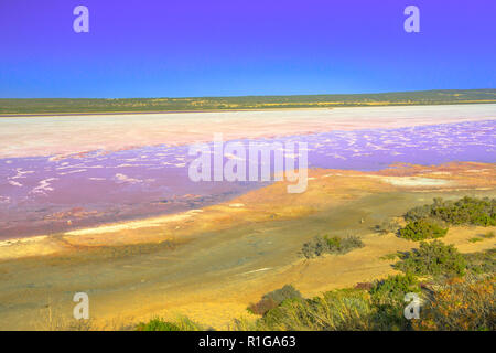 Vista aerea dal Lago Rosa belvedere di Salt Lake nel porto di Gregorio, Western Australia. Laguna Hutt è di colore rosa per la presenza di alghe. Attrazione popolare in Australia. Copia dello spazio. Foto Stock