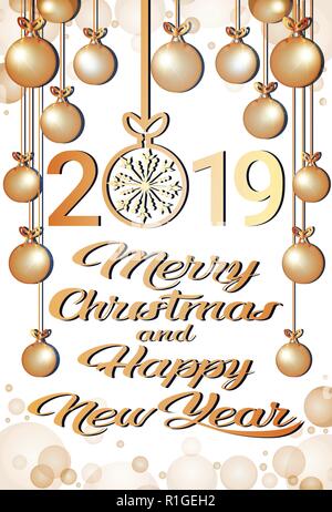 Auguri di Buon Natale felice anno nuovo 2019 concetto palline dorate di fiocchi di neve decorazione biglietto di auguri in verticale Illustrazione Vettoriale