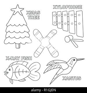 Bianco e Nero Cartoon illustrazione della lettera X alfabeto per bambini Libro da colorare Illustrazione Vettoriale