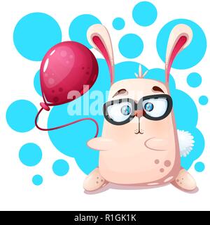 Carino, divertente, coniglio rhino con palloncino. Illustrazione Vettoriale