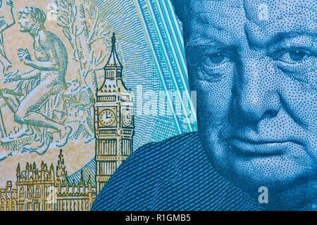 La Banca di Inghilterra polimero £5 nota dotato di Sir Winston Churchill Foto Stock