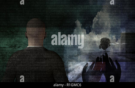 Composizione surreale. Testo latino e pregando le mani. Uomo in tuta sorge nella campagna. Di stile moderno. Il rendering 3D Foto Stock