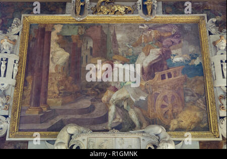 Kleobis e Biton. Affresco del manierismo italiano pittore Rosso Fiorentino (1535-1537) nella Galleria di Francesco I in Palazzo di Fontainebleau (Château de Fontainebleau) nei pressi di Parigi, Francia. Fratelli Kleobis e Biton sono raffigurati tirando il carro di loro madre Cydippe al Tempio di Hera. Foto Stock