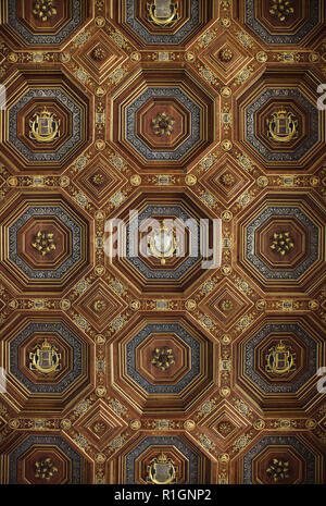 Renaissance soffitto a cassettoni nella sala da ballo del palazzo di Fontainebleau (Château de Fontainebleau) nei pressi di Parigi, Francia. La decorazione della stanza è iniziato sotto il re Francesco I di Francia è stato completato da suo figlio Henri II. Foto Stock