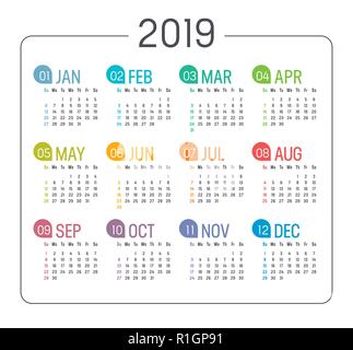Colorato 2019 Calendario minimalista, su sfondo bianco. Template vettoriale