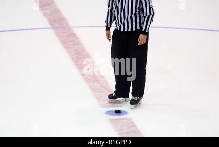 Nero disco da hockey e arbitro gambe sulla pista di pattinaggio su ghiaccio. Sport d'inverno. Foto Stock