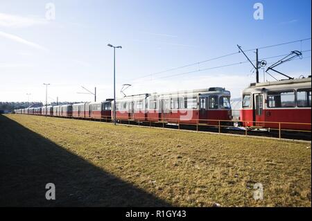 Wien, U6, Abschiedsfahrt der Hochflurzüge, Abstellanlage Rösslergasse Foto Stock
