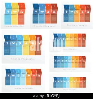 Timeline Infographics impostare modelli di frecce colorate. Infografico Timeline design per 1 2 3 4 5 6 7 8 9 10 posizioni può essere utilizzato per il flusso di lavoro, banner, Illustrazione Vettoriale