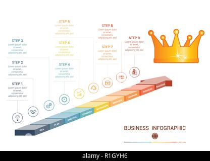 Infographics da 9 pezzi frecce colorate. Illustrazione Vettoriale