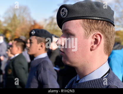 La formazione di aria Corps il corteo durante il ricordo di domenica, War Memorial, Bordon, Hampshire, Regno Unito. 11.11.2018. Foto Stock