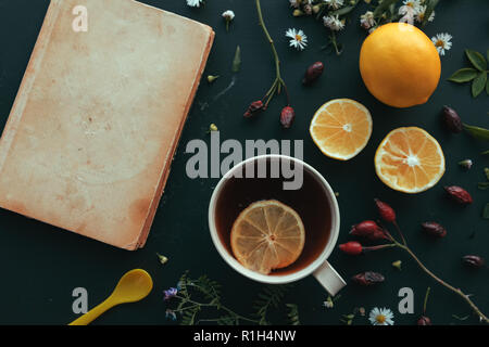 La medicina di erbe laici flat top view con tazza di calda tè di rosa canina e la fetta di limone Foto Stock