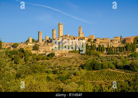 Vista del villaggio con le torri di San Gimignano nella luce del mattino, San Gimignano, Toscana, Italia Foto Stock