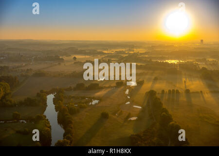 Sole di mattina su Lippe prati, Hamm, la zona della Ruhr, Nord Reno-Westfalia, Germania Foto Stock