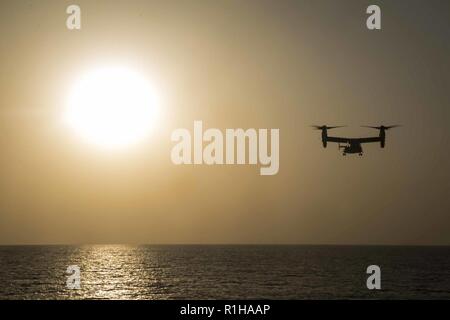 Golfo di Aden- Una MV-22B Osprey con Marine mezzo squadrone Tiltrotor 166 rinforzato, xiii Marine Expeditionary Unit, vola verso il Whidbey Island-class dock landing ship USS Rushmore (LSD 47), Sett. 19, 2018. L'Essex ARG/XIII MEU sono distribuiti negli Stati Uniti Quinta Flotta area di operazioni a sostegno di operazioni navali per garantire stabilità marittimo e la sicurezza nella regione centrale di collegamento del Mediterraneo e del Pacifico attraverso l'Oceano Indiano occidentale e tre strategici punti di strozzatura. Foto Stock