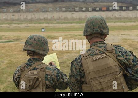 Stati Uniti Marine Corps Lance cpl. Tabitha Keasey (sinistra) e Giuseppe Salcido, automobilistico di tecnici di manutenzione, 1° Battaglione di Manutenzione, Logistica di combattimento del reggimento di 15, 1° Marine Logistics Group, annotare i loro punteggi di colpo a Wilcox Tiro con la carabina, Marine Corps base Camp Pendleton, California, Sett. 20, 2018. Tutti gli Stati Uniti Marines hanno per completare un annuale rifle qualificazione costituito da più corsi di fuoco. Foto Stock