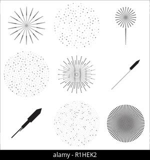 Silhouette di fuochi d'artificio illustrazione vettoriale Set di isolato lampeggia di fuochi d'artificio e razzi su sfondo bianco Illustrazione Vettoriale