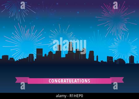 Fuochi d'artificio nella città illustrazione vettoriale in stile fumetto Silhouette di cityscape lampeggia di fuochi d'artificio nel cielo notturno Illustrazione Vettoriale