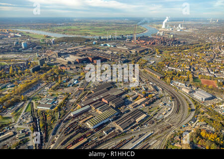 Fotografia aerea, ThyssenKrupp Steel Europe AG, Duisburg, Bruckhausen, Duisburg, la zona della Ruhr, Renania settentrionale-Vestfalia, Germania, DEU, Europa, vista aerea Foto Stock