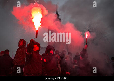 Decine di migliaia di unire il centesimo anniversario marzo di indipendenza organizzata dalla Polonia i nazionalisti. Foto Stock