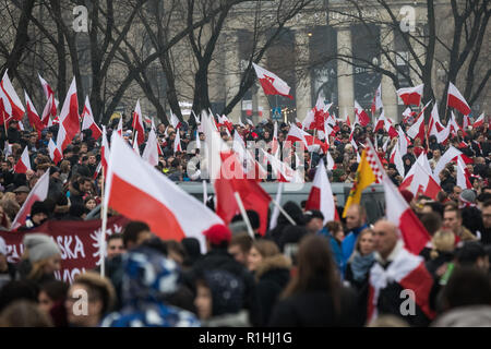 Decine di migliaia di unire il centesimo anniversario marzo di indipendenza organizzata dalla Polonia i nazionalisti. Foto Stock