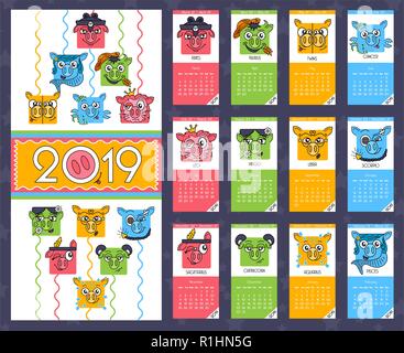 Animali divertenti e stilizzata 2019 mensile calendario con suini, l'anno del maiale schede mensili di modelli. Oroscopo сhinese icona in stile appartamento. Illustrazione Vettoriale