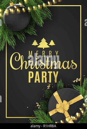 Natale flyer per parte. Confezione regalo nera con un nastro color oro e palla di Natale. Coriandoli a serpentina. Oro incandescente ghirlanda luminosa in abete. Illustrazione Vettoriale Illustrazione Vettoriale