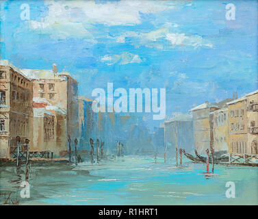 Olio originale pittura, venezia canal in una giornata di sole. Vista del canal, a destra e a sinistra della casa, è realizzato nella tecnica dei tamponi di grandi dimensioni Foto Stock