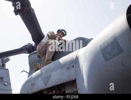 Golfo di Aden (sett. 21, 2018) Marine Corps 1Lt. Justin Lenhart, da San Pietroburgo, Fla., assegnato a mezzo marino Tiltrotor Squadron (VMM) 166 rinforzato, conduce una ispezione pre-volo su un AH-1Z Viper elicottero a bordo di San Antonio-classe di trasporto anfibio dock nave USS ancoraggio LPD (23) durante una regolare distribuzione pianificata di Essex anfibio gruppo pronto (ARG) e xiii Marine Expeditionary Unit (MEU). L'Essex ARG/XIII MEU è un letale, flessibile e persistente Navy-Marine Corps team distribuito negli Stati Uniti Quinta Flotta area di operazioni a sostegno di operazioni navali per garantire Foto Stock