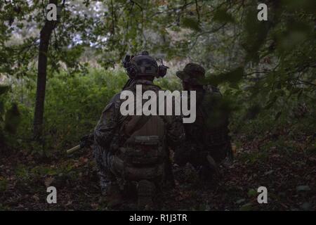 Un U.S. Esercito Forze Speciali soldato (sinistra) assegnato al ventesimo le forze speciali Gruppo (Airborne) e membro della nazionale lituana volontario di difesa Forze (KASP) osservare un bersaglio durante l'esercizio Saber Junction 2018 presso la multinazionale comune disponibilità centro in Hohenfels, Germania, Settembre 22, 2018. Forze per le operazioni speciali hanno lavorato a fianco della KASP durante Saber svincolo 18 per condurre una guerra irregolare nemico in territorio occupato per sostenere gli Stati Uniti Dell'esercito 173rd Brigata Aerea come hanno eseguito operazioni di terra in una multinazionale ambiente misto. Foto Stock