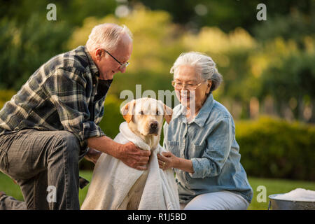 Felice coppia senior bagnando il loro cane nel loro back yard. Foto Stock