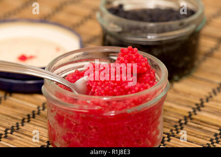 Dettaglio con ciclottero caviale rosso e nero in background Foto Stock