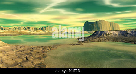 Fantasy pianeta alieno. La montagna e l acqua. 3D illustrazione Foto Stock